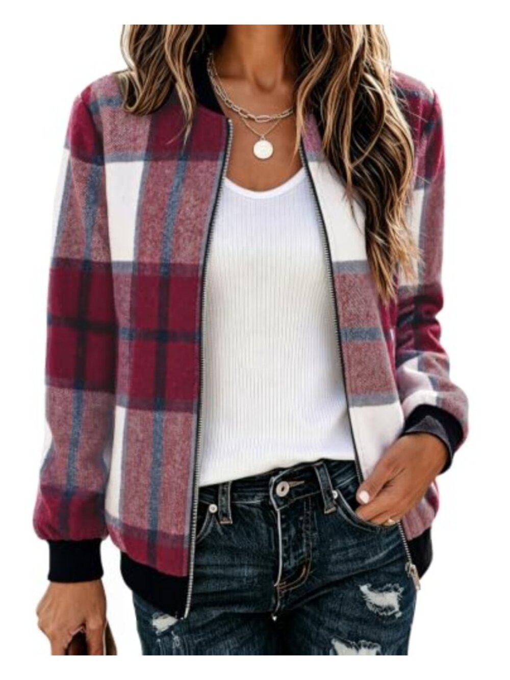 Women's Plaid Flannel Bomber Jacket Zip Up Lightweight Cotton Wool Blend Coat